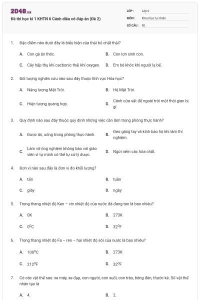 Đề thi học kì 1 KHTN 6 Cánh diều có đáp án (Đề 2)