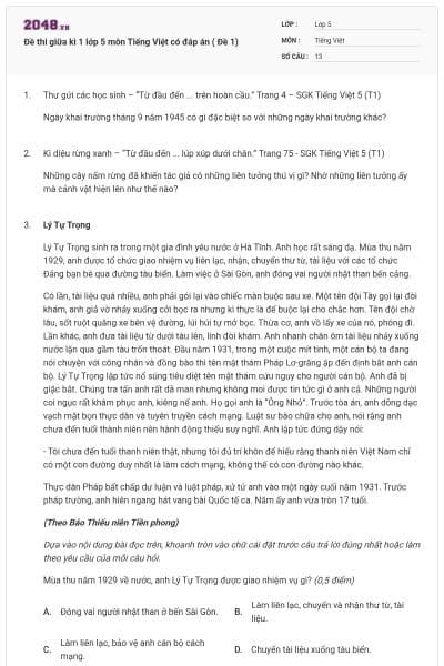 Đề thi giữa kì 1 lớp 5 môn Tiếng Việt có đáp án ( Đề 1)