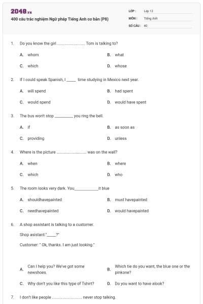 400 câu trắc nghiệm Ngữ pháp Tiếng Anh cơ bản (P8)