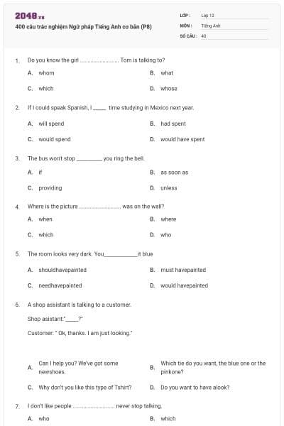 400 câu trắc nghiệm Ngữ pháp Tiếng Anh cơ bản (P8)