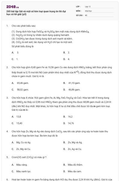 265 bài tập Sắt và một số kim loại quan trọng ôn thi đại học có lời giải (p3)