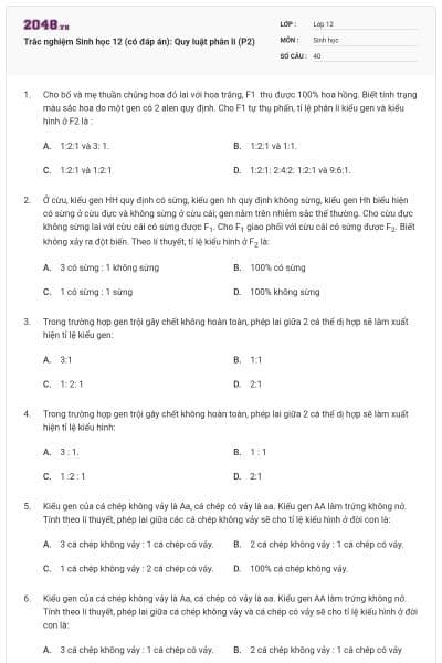 Trắc nghiệm Sinh học 12 (có đáp án): Quy luật phân li (P2)