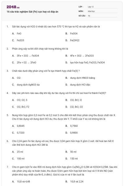 16 câu trắc nghiệm Sắt (Fe) cực hay có đáp án