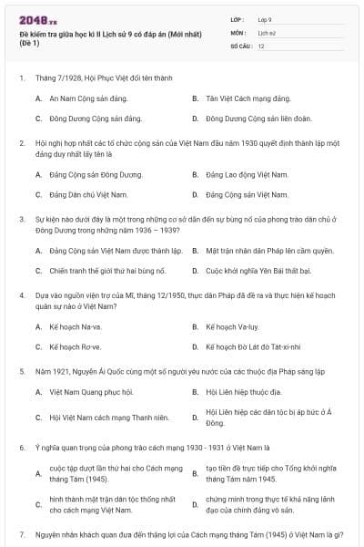 Đề kiểm tra giữa học kì II Lịch sử 9 có đáp án (Mới nhất) (Đề 1)