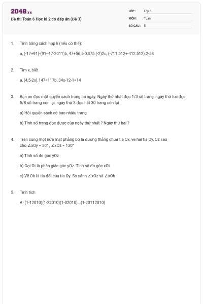 Đề thi Toán 6 Học kì 2 có đáp án (Đề 3)