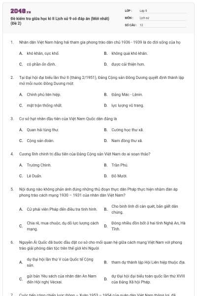 Đề kiểm tra giữa học kì II Lịch sử 9 có đáp án (Mới nhất) (Đề 2)
