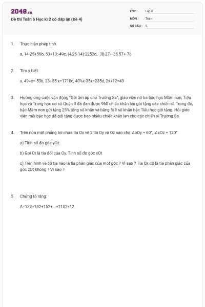 Đề thi Toán 6 Học kì 2 có đáp án (Đề 4)
