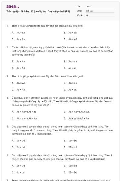 Trắc nghiệm Sinh học 12 (có đáp án): Quy luật phân li (P3)