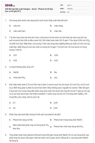 200 Bài tập Dẫn xuất halogen - Ancol - Phenol ôn thi Đại học có lời giải (P1)
