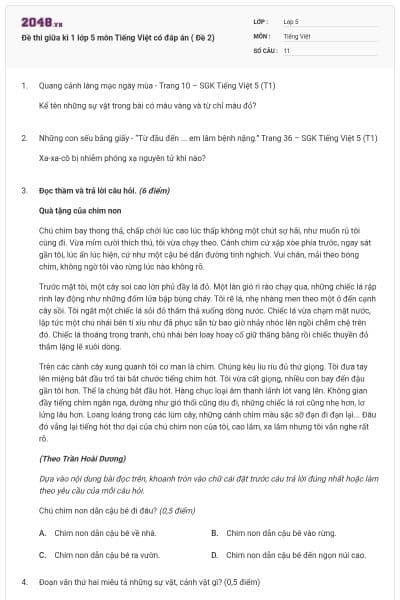 Đề thi giữa kì 1 lớp 5 môn Tiếng Việt có đáp án ( Đề 2)