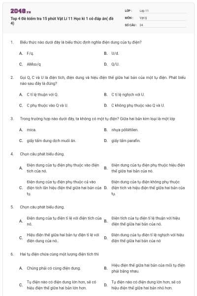 Top 4 Đề kiểm tra 15 phút Vật Lí 11 Học kì 1 có đáp án( đề 4)