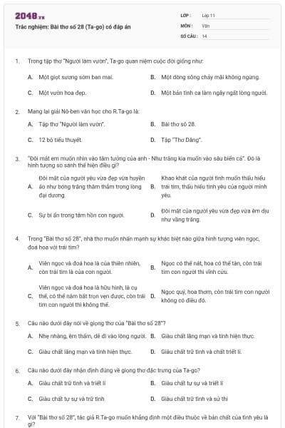 Trắc nghiệm: Bài thơ số 28 (Ta-go) có đáp án