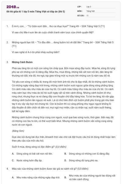 Đề thi giữa kì 1 lớp 5 môn Tiếng Việt có đáp án (Đề 5)