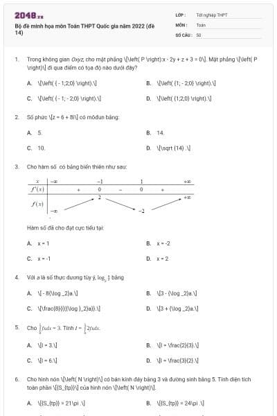 Bộ đề minh họa môn Toán THPT Quốc gia năm 2022 (đề 14)