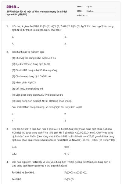 265 bài tập Sắt và một số kim loại quan trọng ôn thi đại học có lời giải (P4)
