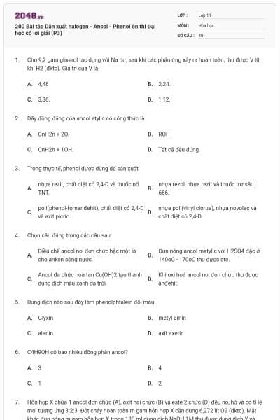 200 Bài tập Dẫn xuất halogen - Ancol - Phenol ôn thi Đại học có lời giải (P3)