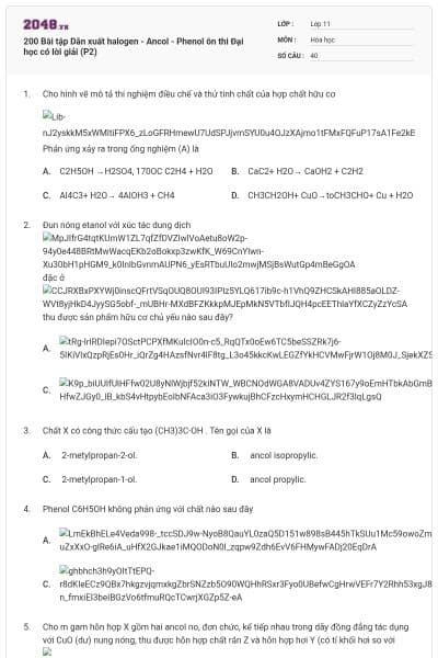 200 Bài tập Dẫn xuất halogen - Ancol - Phenol ôn thi Đại học có lời giải (P2)