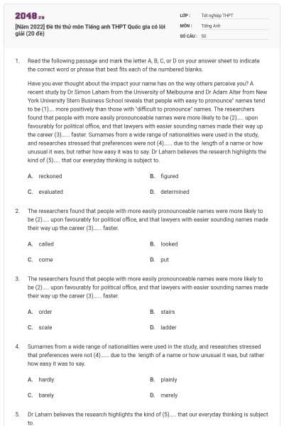 [Năm 2022] Đề thi thử môn Tiếng anh THPT Quốc gia có lời giải (20 đề)