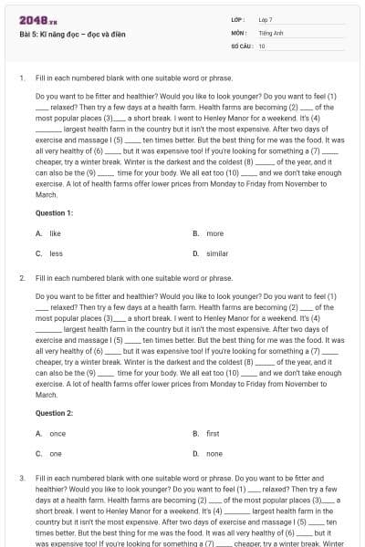Bài 5: Kĩ năng đọc – đọc và điền
