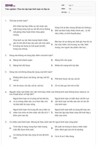 Trắc nghiệm: Thao tác lập luận bình luận có đáp án