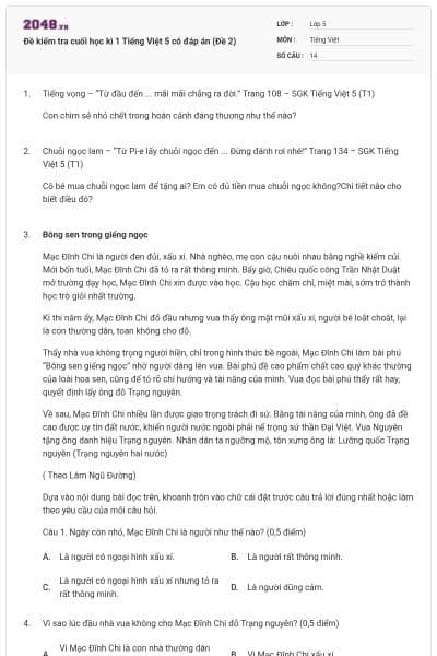 Đề kiểm tra cuối học kì 1 Tiếng Việt 5 có đáp án (Đề 2)