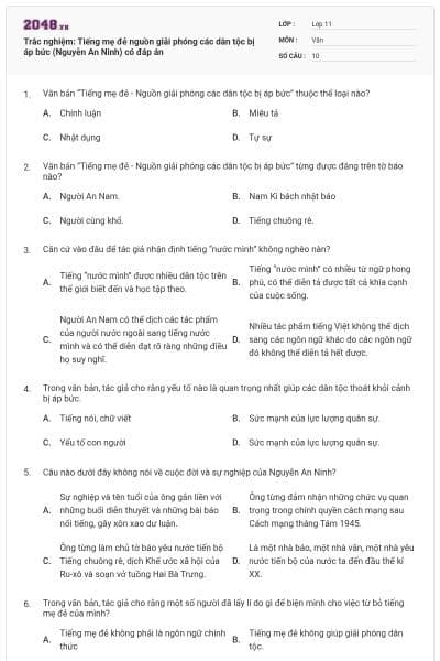 Trắc nghiệm: Tiếng mẹ đẻ nguồn giải phóng các dân tộc bị áp bức (Nguyễn An Ninh) có đáp án
