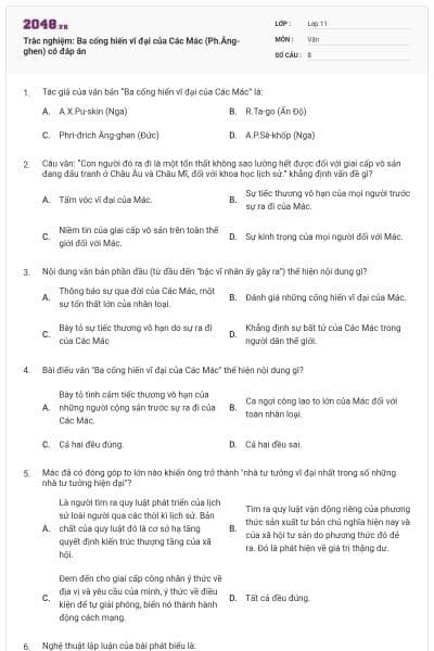 Trắc nghiệm: Ba cống hiến vĩ đại của Các Mác (Ph.Ăng-ghen) có đáp án