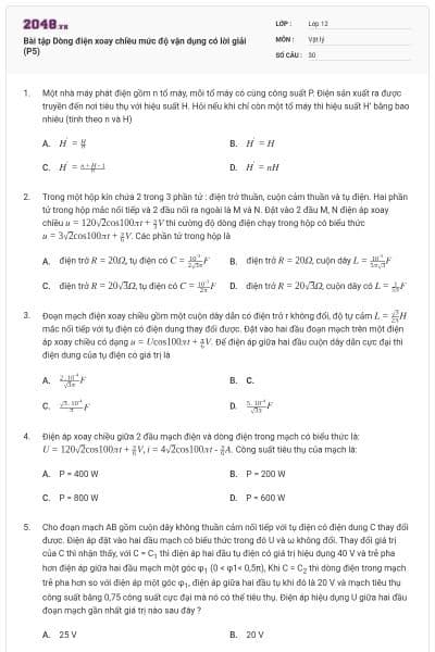 Bài tập Dòng điện xoay chiều mức độ vận dụng có lời giải (P5)