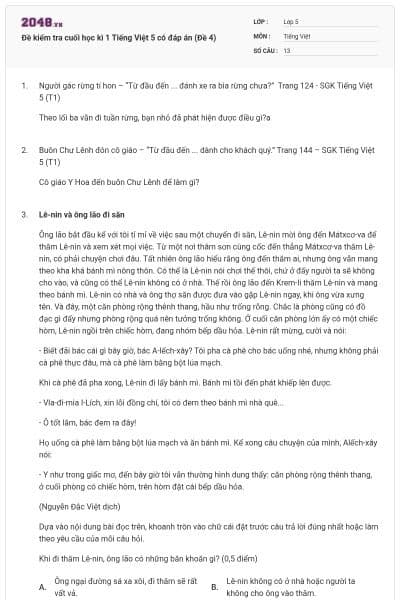 Đề kiểm tra cuối học kì 1 Tiếng Việt 5 có đáp án (Đề 4)