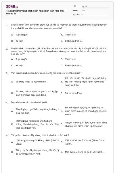 Trắc nghiệm: Phong cách ngôn ngữ chính luận (tiếp theo) có đáp án