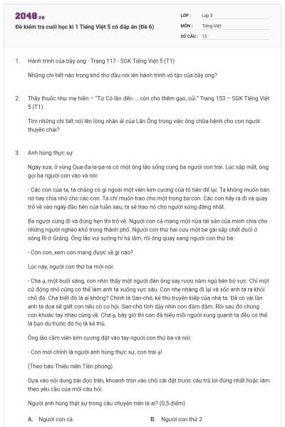 Đề kiểm tra cuối học kì 1 Tiếng Việt 5 có đáp án (Đề 6)