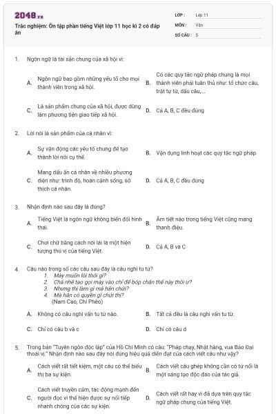 Trắc nghiệm: Ôn tập phần tiếng Việt lớp 11 học kì 2 có đáp án