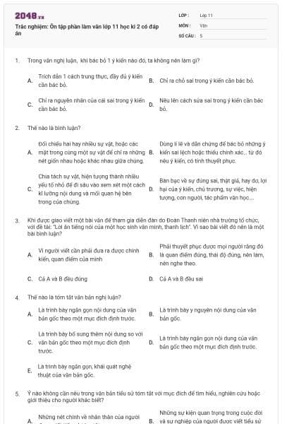 Trắc nghiệm: Ôn tập phần làm văn lớp 11 học kì 2 có đáp án