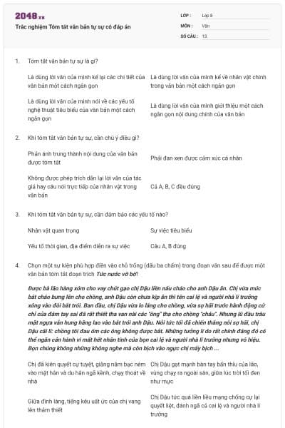 Trắc nghiệm Tóm tắt văn bản tự sự có đáp án