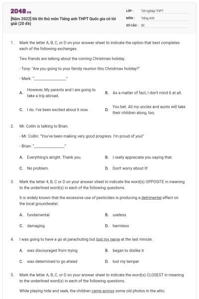 [Năm 2022] Đề thi thử môn Tiếng anh THPT Quốc gia có lời giải (20 đề)