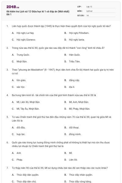 Đề kiểm tra Lịch sử 12 Giữa học kì 1 có đáp án (Mới nhất) Đề 1