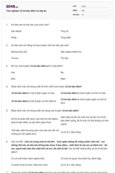 Trắc nghiệm Cô bé bán diêm có đáp án