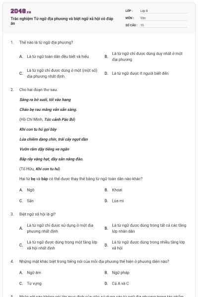 Trắc nghiệm Từ ngữ địa phương và biệt ngữ xã hội có đáp án