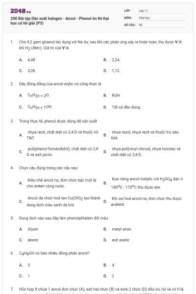 200 Bài tập Dẫn xuất halogen - Ancol - Phenol ôn thi Đại học có lời giải (P3)
