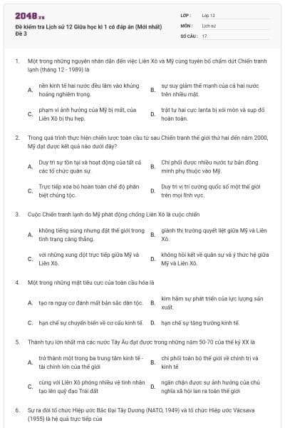 Đề kiểm tra Lịch sử 12 Giữa học kì 1 có đáp án (Mới nhất) Đề 3