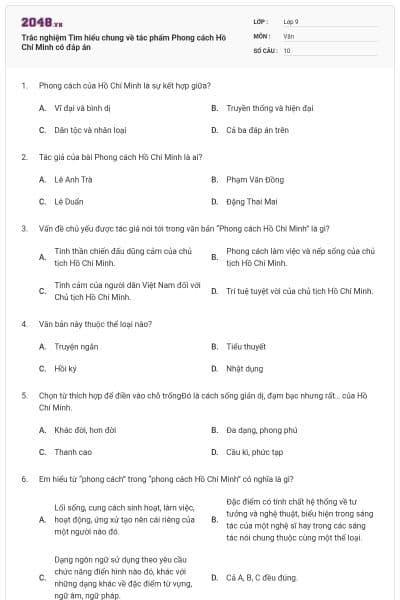 Trắc nghiệm Tìm hiểu chung về tác phẩm Phong cách Hồ Chí Minh có đáp án