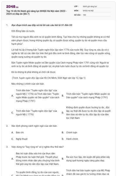 Top 10 đề thi Đánh giá năng lực ĐHQG Hà Nội năm 2023 - 2024 có đáp án (Đề 7)