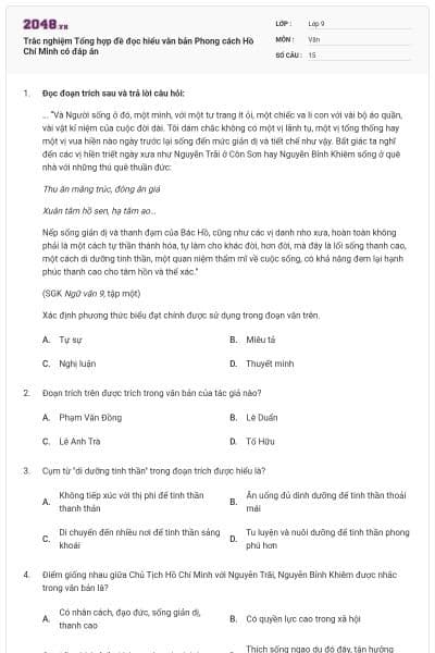 Trắc nghiệm Tổng hợp đề đọc hiểu văn bản Phong cách Hồ Chí Minh có đáp án
