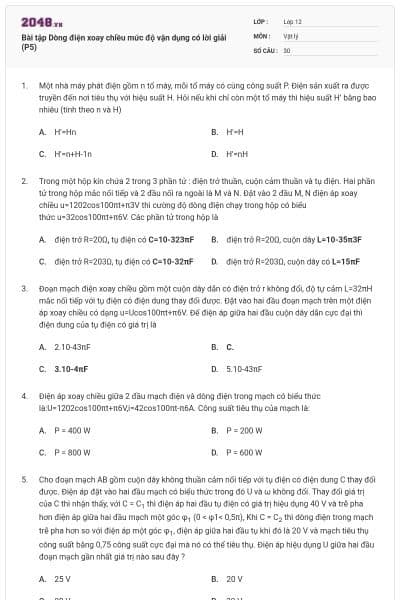 Bài tập Dòng điện xoay chiều mức độ vận dụng có lời giải (P5)