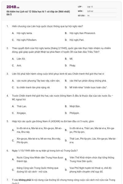 Đề kiểm tra Lịch sử 12 Giữa học kì 1 có đáp án (Mới nhất) Đề 5