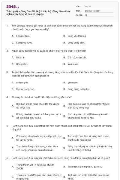 Trắc nghiệm Công Dân Bài 14 (có đáp án): Công dân với sự nghiệp xây dựng và bảo vệ tổ quốc