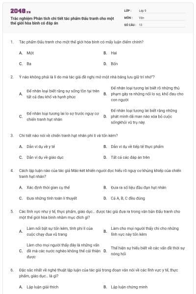 Trắc nghiệm Phân tích chi tiết tác phẩm Đấu tranh cho một thế giới hòa bình có đáp án