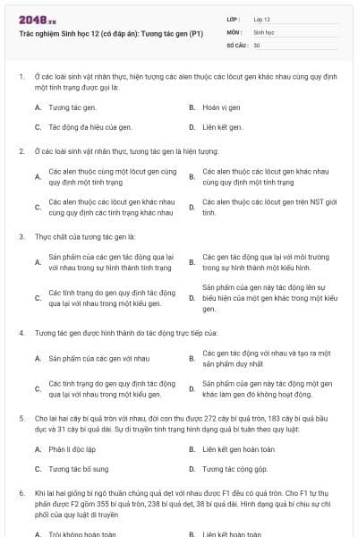 Trắc nghiệm Sinh học 12 (có đáp án): Tương tác gen (P1)