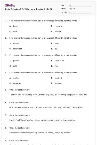 Đề thi Tiếng Anh 9 Thí điểm Học kì 1 có đáp án (Đề 4)