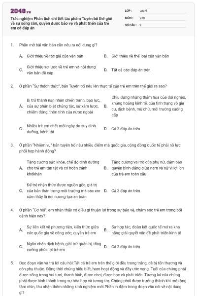 Trắc nghiệm Phân tích chi tiết tác phẩm Tuyên bố thế giới về sự sống còn, quyền được bảo vệ và phát triển của trẻ em có đáp án